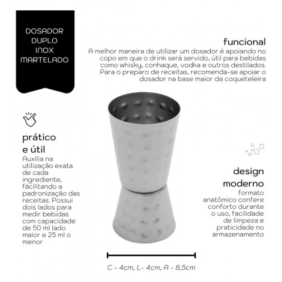 Dosador 50ml E 25ml Para Bebidas Duplo Aço Inox Martelado